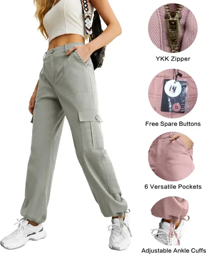 Vista 2 de Pantalones cargo de cintura alta para mujer, pantalones de viaje Y2K Streetwear holgados elásticos con 6 bolsillos con cordón en los tobillos