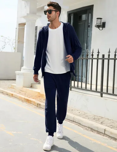 Vista 3 de TURETRENDY Conjunto deportivo para hombre, con cremallera completa, sudadera deportiva con capucha y cremallera completa