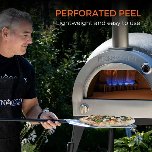 Vista 4 de Cáscara de pizza de aluminio perforada de 12 pulgadas con mango Lightweight 12-inch perforated aluminum pizza peel with handle, easy to use for