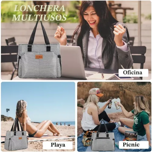 Vista 6 de Bolsas de almuerzo grandes para mujer, lonchera aislada para adultos, bolsa de almuerzo a prueba de fugas con bolsillo de almacenamiento. Bolsa
