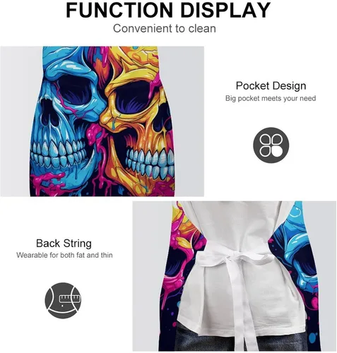 Vista 6 de Personalized Two Different Skulls Adult Apron, Kitchen Cooking Aprons for Woman Man, Adjustable Bib Apron with Pocket for Baking, BBQ Crafting
