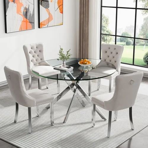 Vista 103 de Juego de mesa de comedor de cristal plateado moderno de 47 pulgadas para 2, juego de mesa de comedor de cocina redonda de 3 piezas con patas