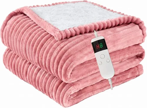 Vista 12 de Manta térmica eléctrica, manta térmica de franela suave con 8 horas de apagado automático, 10 niveles de calentamiento rápido, lavable a máquina