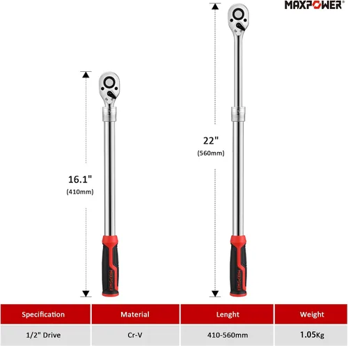 Vista 2 de MAXPOWER - Llave de trinquete extensible de 1/2 pulgada, llave de trinquete de 1/2 pulgada, función de trinquete reversible de liberación rápida