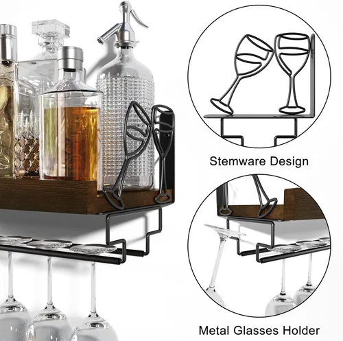Vista 6 de Love-KANKEI - Estante para vino con colgador de copas, madera maciza, 17 pulgadas, marrón oscuro Wine Glass Rack,Floating Wall Shelf,Easy to