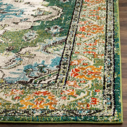 Vista 4 de Safavieh Tapete decorativo de 2 pies 2 pulgadas x 4 pies de la colección Monaco, verde y celeste, diseño desgastado de medallón, no desprende