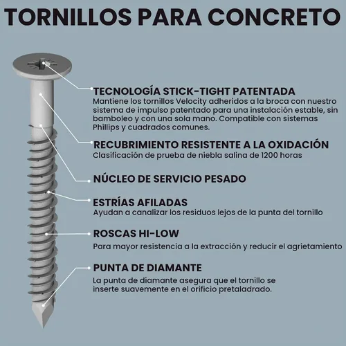 Vista 2 de Conjunto de tornillos de concreto Velocity 2 1/4 (Cabeza plana, 1/4") – Incluye 12 piezas de tornillos de mampostería de alto rendimiento