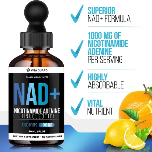 Vista 6 de Vita Guard Pure NAD+ Liquid Drops 1000mg Fórmula de nicotinamida y adenina Vegano, sin OMG Sabor natural de limón y naranja Suplemento