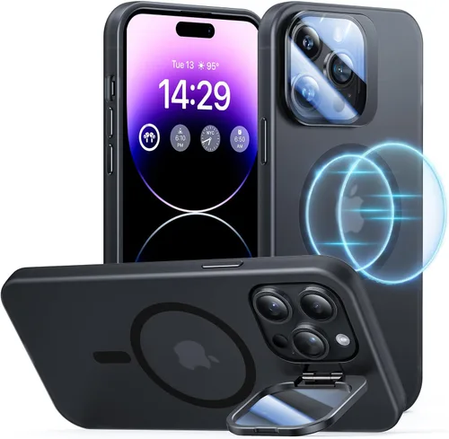 Vista 17 de Funda para iPhone 14 Pro, protección contra caídas de grado militar, compatible con MagSafe, soporte integrado y protector de lente de cámara, funda