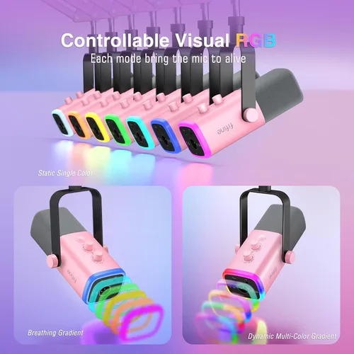 Vista 5 de FIFINE XLR Micrófono Gaming USB, Kit de Micrófono Dinámico para PC para Vocal, Grabación, Podcast, Micrófono RGB de Streaming con Conector para Rosa