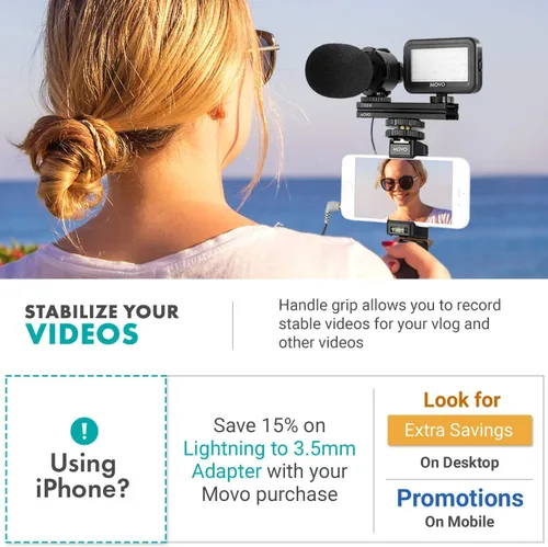 Vista 2 de Movo Vlog Kit V7 - Kit de inicio de YouTube con agarre, micrófono estéreo, luz e inalámbrico Kit de vlogging remoto para iPhone, Android - Kit