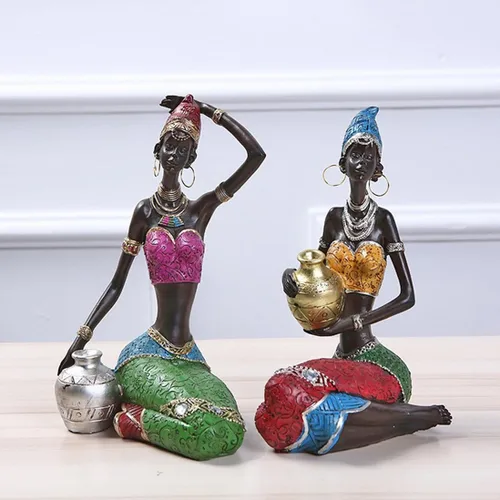 Vista 4 de Decoración para el hogar Resina África Lady Escultura Figuras de personaje Moda Adornos de escritorio Arte moderno Estatua de resina africana