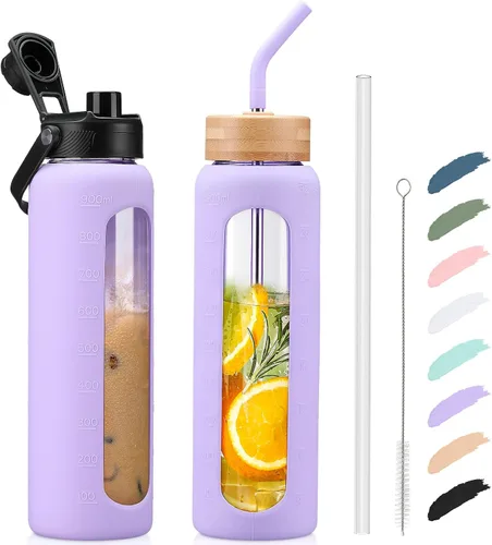 Vista 61 de Botella de agua Kodrine con pajita, botella de vidrio de 24 oz con 2 tapas, una de pajita de bambú y otra con pico y asa, botella de vidrio