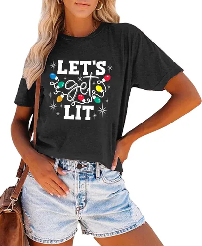 Vista 2 de Let's Get Lit - Camiseta de manga corta con luces de Navidad para mujer, con bonito gráfico