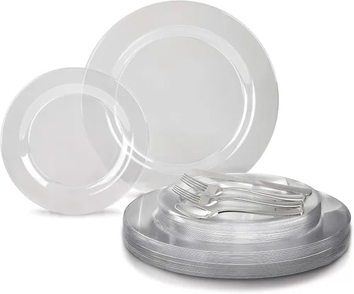 Vista 8 de Juego en combo de vajilla y platos de plástico descartables para bodas OCCASIONS, 150 piezas, para 25 invitados