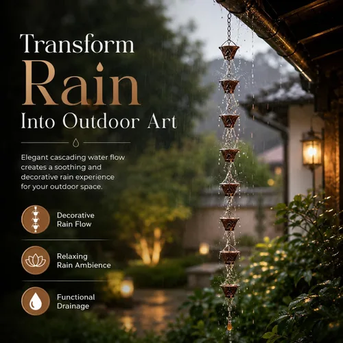 Vista 2 de Cadena de lluvia decorativa de 8.5 pies para canalones, cadena de agua de lluvia estilo copa rústica, cadena de drenaje de lluvia resistente al