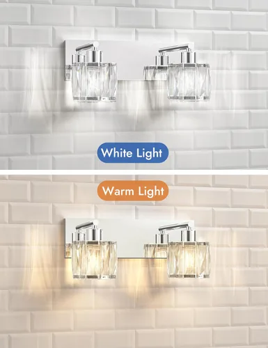 Vista 4 de VOLISUN Luces de Tocador de Cristal - 2 Luces Modernas de Acero Inoxidable para Baño Sobre Espejo, Acabado Cromado - Certificado UL
