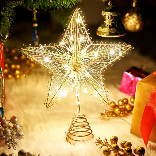 Vista 6 de Joiedomi Decoración para árbol de Navidad de 8 pulgadas, decoración de estrella de metal dorado con adornos alimentados por batería con luces LED