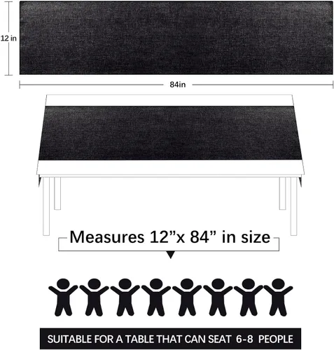 Vista 6 de Camino de mesa negro de 12 x 84 pulgadas de largo, tela de arpillera, camino de mesa de Halloween para bodas, fiestas, otoño, decoración de mesa