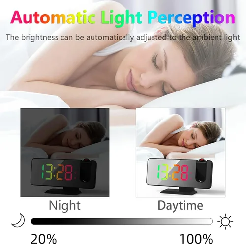Vista 6 de Reloj despertador de proyección para techo de dormitorio, proyector giratorio de 180°, espejo RGB de 7.4 pulgadas, pantalla digital LED, alarma dual