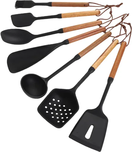 Vista 6 de Juego de utensilios de cocina de 7 piezas, espátula antiadherente de silicona a prueba de calor, espátula, cuchara con mango de madera para freír