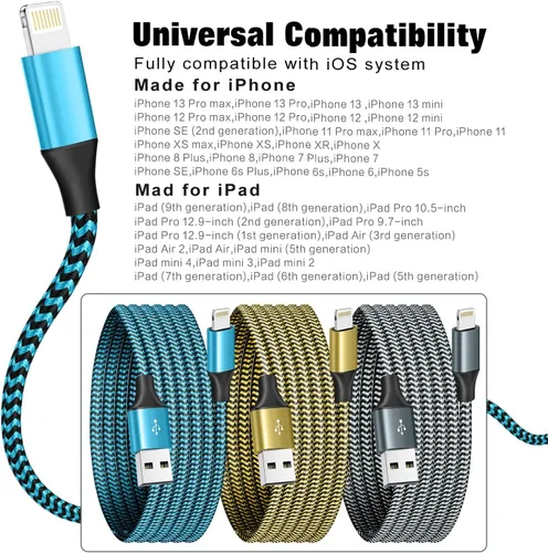 Vista 7 de SHUSEL Paquete de 3 cargadores para iPhone, cable Lightning USB de 6 pies, certificado MFi, carga rápida, nailon trenzado para iPhone, cable