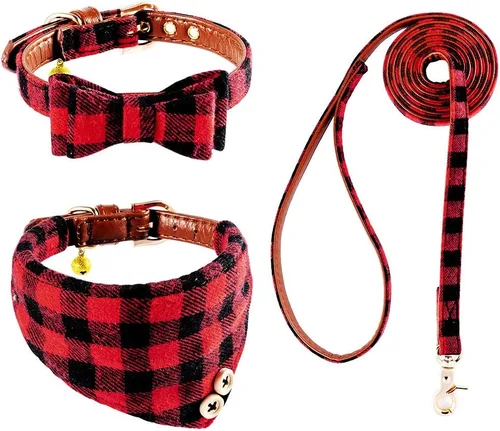 Vista 38 de EXPAWLORER Juego de collar y correa para cachorros, collar clásico a cuadros para perros pequeños con corbatín, bonito juego de collar y correa