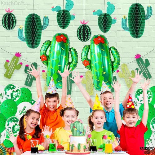 Vista 9 de KatchOn, Juego de decoraciones de fiesta de cactus, 30 unidades, globos de cactus, panal de abeja, pancarta de cactus Decoraciones de cumpleaños