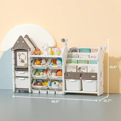 Vista 2 de UNICOO Organizador de almacenamiento de juguetes para niños con estantería, organizador de sala de juegos de 14 cubos y estantería, estante de Marrón