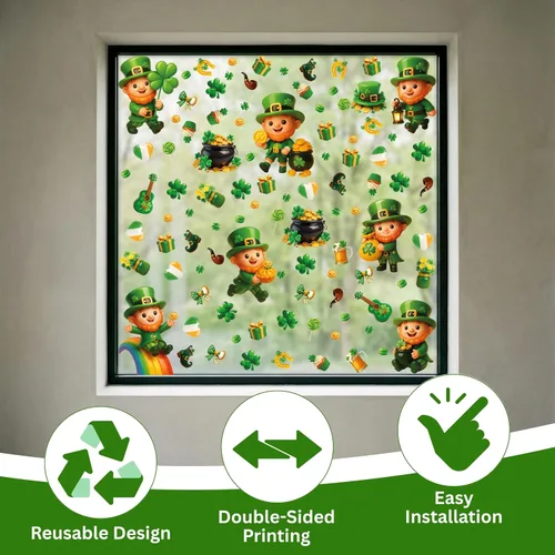 Vista 2 de WALPLUS Decoración de primavera para el Día de San Patricio, de doble cara, reutilizable, despegar y pegar, extraíble para ventana de duende