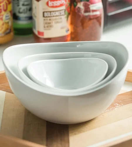 Vista 5 de YHOSSEUN Soporte de 3 niveles para servir con juego de 3 tazones ovalados de porcelana para servir con soporte de metal plegable más grueso