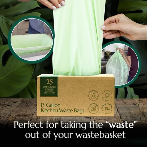 Vista 6 de Bolsas de basura compostables* Cleanomic con cordón (13 galones, 25 unidades, altas), certificadas BPI para compost de cocina