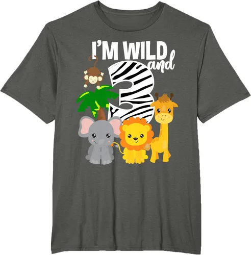 Vista 7 de Camiseta de cumpleaños con temática de zoológico de I'm Wild and 3, Negro, S