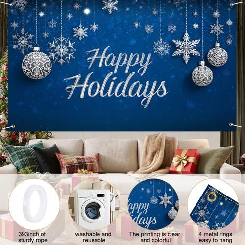 Vista 4 de Cartel de Feliz Navidad de 71 x 43 pulgadas, decoración para exteriores, fondo azul, vacaciones, fiesta de Navidad, patio, porche, decoración