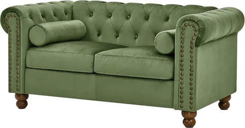 Vista 10 de Sofá de dos plazas de cuero aireado capitonado, sofá de brazo enrollado con adornos de cabeza de clavo y 2 almohadas de cuello enrollado, decoración