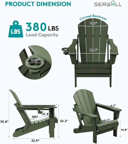 Vista 3 de SERWALL Silla Adirondack plegable para exteriores, silla de patio con portavasos - Ejército