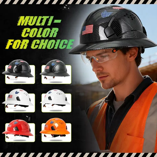 Vista 9 de Casco duro de ala completa con patrón de fibra de carbono con visera, casco de seguridad de construcción aprobado por la OSHA para hombres