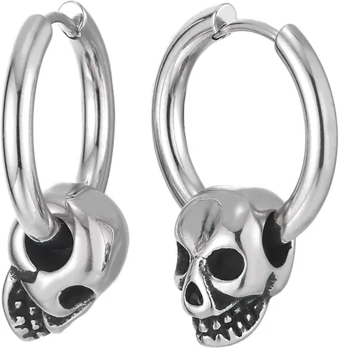 Vista 4 de Mens Womens Stainless Steel Vintage Circle Huggie Hinged Hoop Earrings Dangle with Skulls, 2pcs