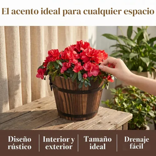 Vista 2 de DOITOOL Maceta rústica de madera en barril: cubo de madera para whisky, macetas para plantas de interior y exterior, contenedor para el hogar