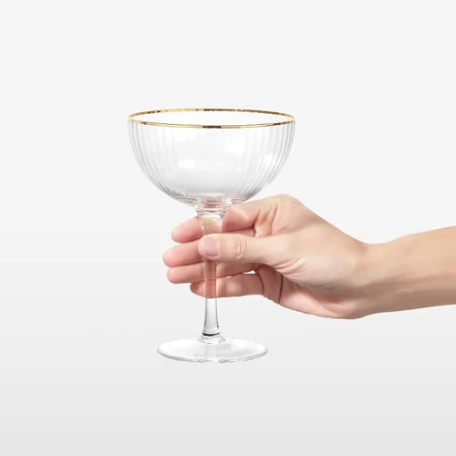 Vista 7 de Royalrose Juego de 4 vasos premium Cheerfull estriados de 10.7 onzas, borde dorado vintage, vidrio fino soplado a mano, elegantes utensilios de bar
