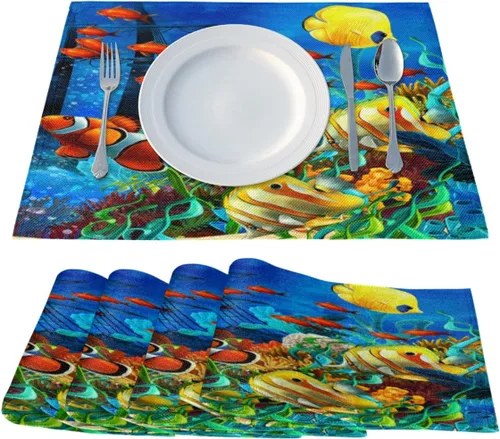 Vista 2 de Juego de 4 manteles individuales con diseño de pez océano, lavables, impermeables, para decoración de mesa de comedor, 18 x 12 pulgadas
