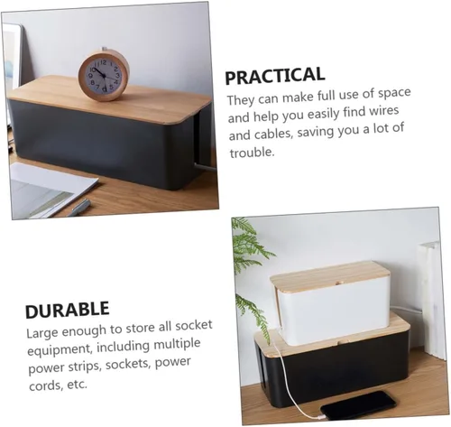 Vista 4 de Cable Storage Box with Natural Wood Lid Medium Black Power Line Organizer Household Wire Storage Case for Charging Cables and Socket Management for