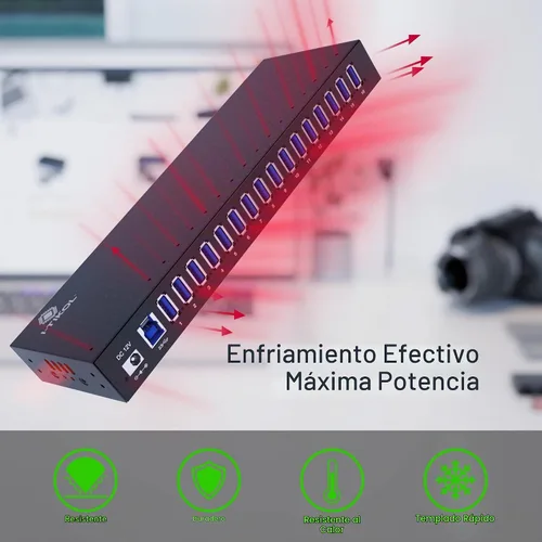 Vista 5 de Hub USB 3 0 – Hub USB alimentado por 16 puertos – Hub expansor USB de escritorio – Divisor USB de alta velocidad de hasta 5 Gbps para múltiples