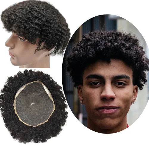 Vista 12 de Afro Toupee para hombres negros, unidad de cabello humano brasileño de encaje francés para hombres afroamericanos africanos y negros, sistema