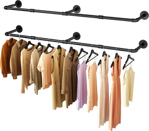 Vista 10 de Perchero de ropa montado en la pared de 60 pulgadas, estantes de ropa industriales de tubo para montar en la pared, barra de ropa desmontable