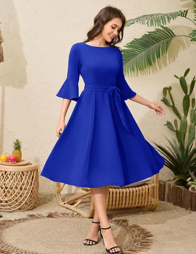 Vista 2 de HomRain Vestidos de iglesia para mujer 2025, invitada de boda, cóctel, fiesta de té, manga acampanada, vestido vintage de graduación de noche