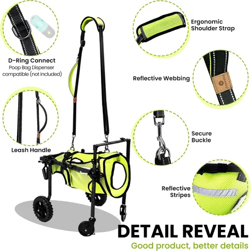 Vista 6 de Silla de ruedas para perros para patas traseras, para perros de todas las razas - incluye chaleco de alta visibilidad, correa y cabestrillo