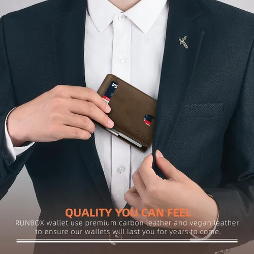 Vista 140 de RUNBOX - Carteras delgadas para hombre, cartera de piel con pinza para el dinero, cartera de bolsillo frontal con bloqueo RFID, tarjetero