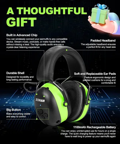 Vista 5 de ZOHAN 037 Auriculares de protección auditiva Bluetooth con batería recargable de 1500 mAh, NRR 25dB reducción de ruido orejeras con 40 horas de Verde