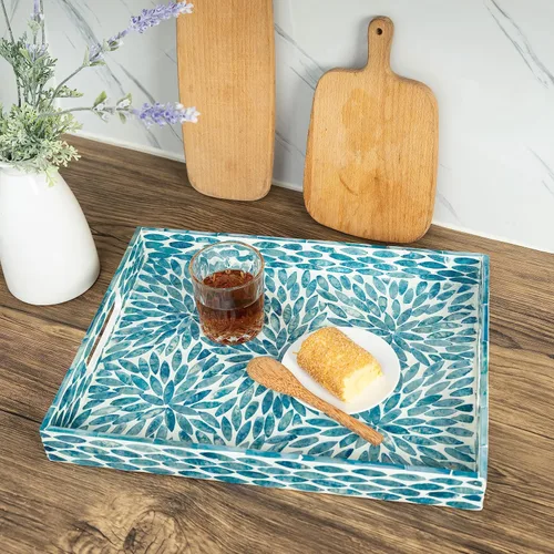 Vista 5 de Bandeja de Servir 15.7" X 11.8", Bandeja de Incrustación de Madre de Perla Lacada en Mosaico, Bandeja de Madera de Mármol Rectangular con Asas